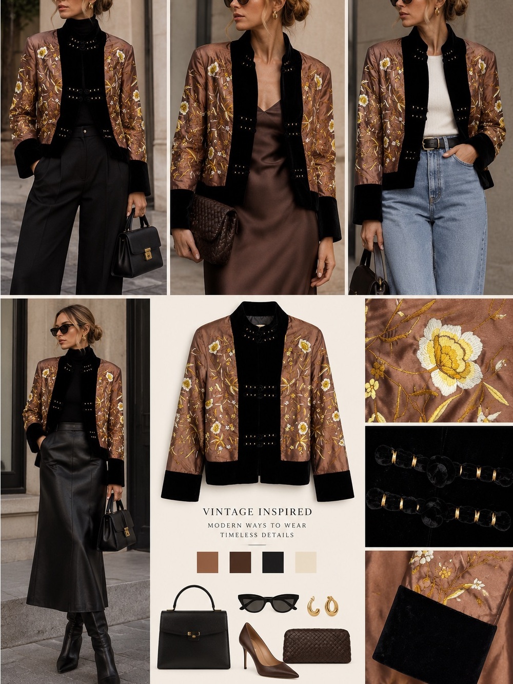 Vintage Asian Inspired Embroidered Satin & Velvet Jacket Frog Closure Floral